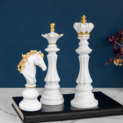 The Prestigious Monarch Chess Showpiece For Living Room - Set of 3(White)-Chess king: Height - 16 Inches & width - 5 Inches & Chess Queen: Height - 14 Inches & width - 4 Inches and Chess Charger: