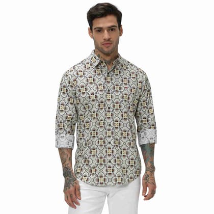 Mufti Beige & Multi Digital Print Slim Fit Casual Shirt