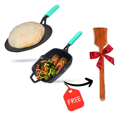 GEMMA CAST IRON GRILL PAN PLUS ROTI TAWA COMBO-GREEN