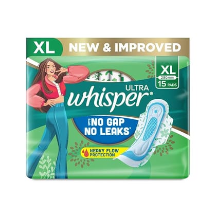 WHISPER ULTRA HYGIENE+COMFORT SANITARY PADS, 15 XL PADS, FOR HEAVY FLOW, LONG LASTING PROTECTION, LOCKS ODOUR & WETNESS, DRY TOP SHEET, DISPOSABLE WRAPPER