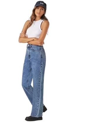 Glossia Fashion High Waist Boyfriend Women Jeans Cotton Lycra Stretchable Wide Leg Denim -  Denim Blue, 26