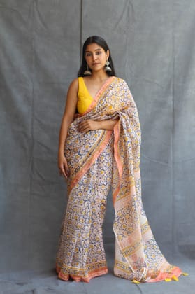 Sharmila : Cream and Yellow Sanganeri Print Saree