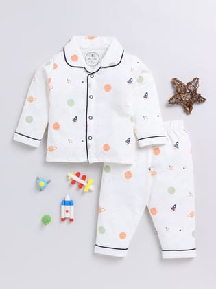 Offwhite Space Print Full Sleeve Night Suit-6-9 m