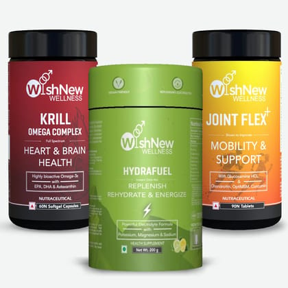 Wishnew Wellness Active Lifestyle Trio: Joint Flex+ + Krill Omega Complex + Hydrafuel Lemon & Lime