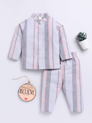 Orange & Grey Striped Full Sleeve Night Suit-6-9 m