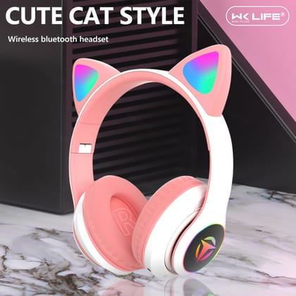 WK LIFE BORN TO LIVE K8 2024 Updated V5.3 Wireless/Wired Kids Headphones with Mic for Girls/Boys Cat Ear Bluetooth Online Learning School (Pink)