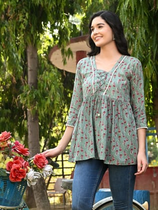 Green Tunic with Red Block Print Motifs-M