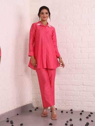 Coral Co-Ord Set with Embellished Collar-S
