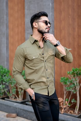 OLIVE GREEN MEN DOUBLE POCKET SHIRT-M