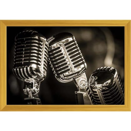 ArtzFolio Chromed Retro Recording Studio Microphones Canvas Painting Synthetic Frame-Canvas; Synthetic Frame; Golden / 23.5inch x 16inch (59.8cms x 40.6cms)