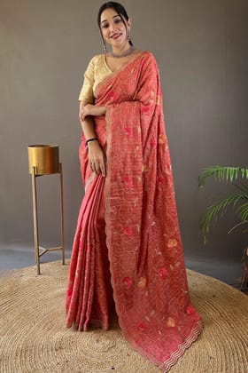 Salmon Pink Embroidered Work Tussar Silk Saree