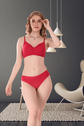 Women Cotton Padded Bra Panty Set for Women Lingerie Set Bra Panty Set for Women with Bra Panty Set for Women Inner-wear Sport Seamless-30 / RED