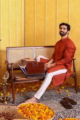 Rust Hand Dyed Silk Viscose Slub Men Long Kurta Full Sleeves MLKFS10243-L