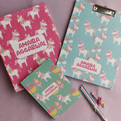 School Set  - Rainbow Unicorn-Set of 3 - Folder + Clipboard + Note book