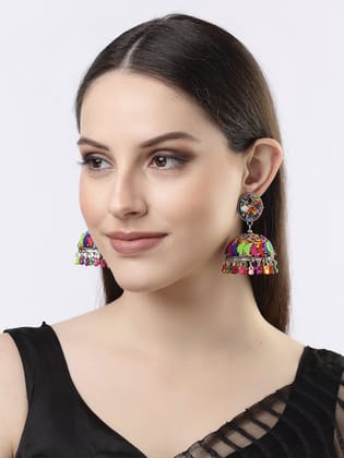 NVR Women Multi Color Artificial Beads Brass-Plated Dome Shaped Jhumka Earrings-Onesize / Multi / Brass