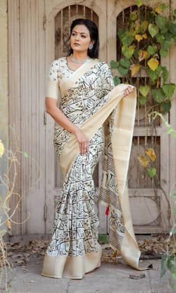 Sycron Premium Pure Dola Silk kalamkari Printed Saree in Cream color(Unstitched Blosue)-Square