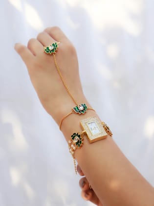 Mayflower Hathphool and Wrist Watch Kundan Set-Green