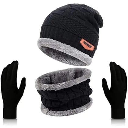 Unisex Woolen Winter Cap Gloves & Neck Muffler-Black