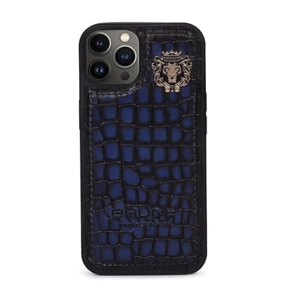 Golden Metal Lion Smokey Blue Small Scale Cut Croco Print Leather Mobile Cover by Brune & Bareskin-13