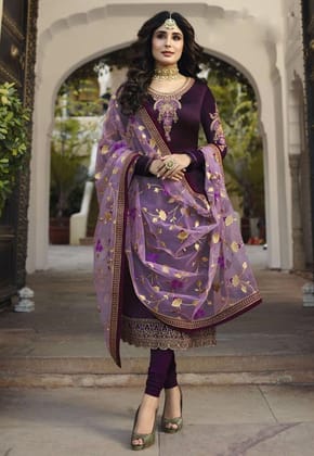 Beautiful Wine Color Embroidery Work Party Wear Satin Georgette Salwar Suit Look