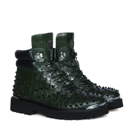 Lace-Up Chunky Boots Green Croco Textured Leather with Black stud by Brune & Bareskin-40/6