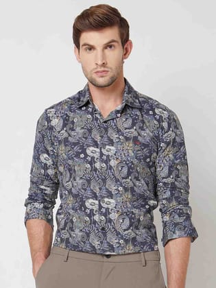 Mufti Navy Digital Print Slim Fit Casual Shirt