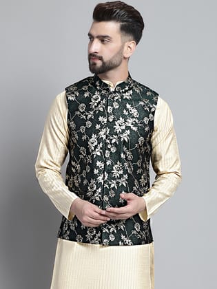 Men's Woven Design Nehru Jacket-S / Olive-Green