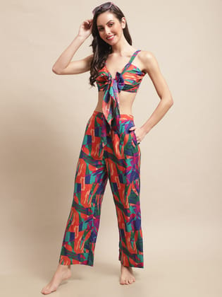 Multi Color Abstract Printed Viscose Rayon Pyjama & Top  Beachwear For Woman-s