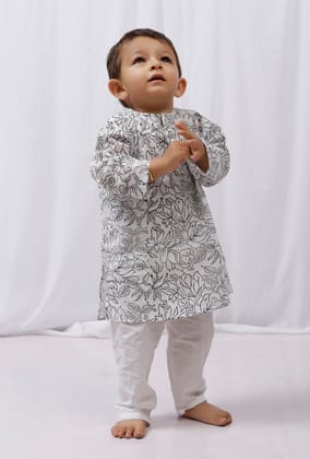 Set of 2: Black Hand Block Printed Cotton Kurta and White Pajama Set-1-2Y