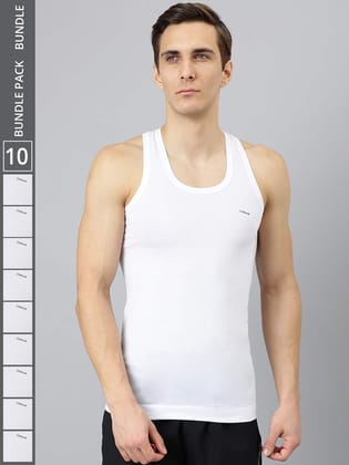 Men's White Pack of 10 Solid Combed Cotton Shrinkless Vest