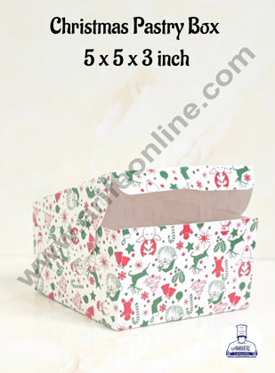 CAKE DECOR™ White Christmas Design Pastry Box - 5x5x3( Pack of 10 Pcs )