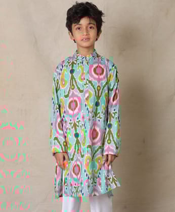 AQUA IKAT PRINTED PURE COTTON KURTA - AQUA-5-6 YEARS / 1N / AQUA