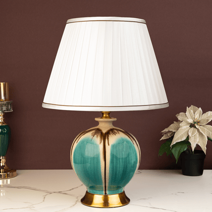 Gold Toned & Green Ceramic Lamp-Ceramic and Stainless steel / Available / Height - 20.5 inches and width - 14 inches