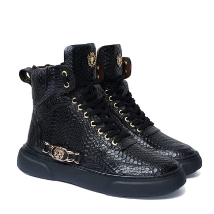 High-Top Black Sneaker in Snake Skin Textured Leather-40/6