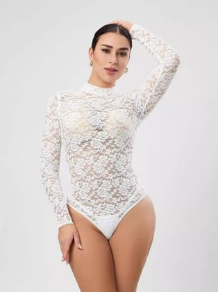 Floral Lace See Through High Neck Bodysuit-White / S