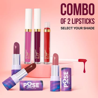 MyGlamm Exclusive Combo of POSE HD Lipstick + LIT Liquid Matte Lipstick| Long Lasting, Smudge Proof HD & Matte Liquid Lipsticks