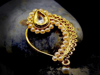 Gold-Plated Pearls Tilak Shaped Nosepin