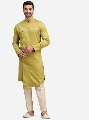 Olive Green Plain Kurta for Men-36 / Green / Silk Blend