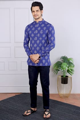 Blue Single Ikkat 40 Cotton Men Short Kurta Full Sleeves MSKFS042312-L