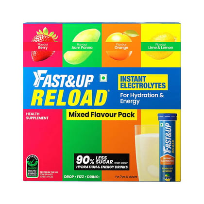 Fast&Up Reload (20 Liters) - (Berry, Aam Panna, Orange, Lime & Lemon)- Low Sugar energy drink for Instant Hydration - Effervescent Tablets with all 5 Essential Electrolytes + Added Vitamins.