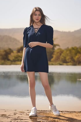 Navy String Neckline Puff Sleeve Midi Dress-XXS / Navy Blue / DR003-PLMC003-1.3-NILL-NILL-NILL-NILL-THB001-FS003-NILL-BT017-2