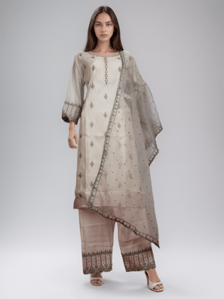 Women's Cotton Kurta-Pant, and Dupatta Set-Off White / L