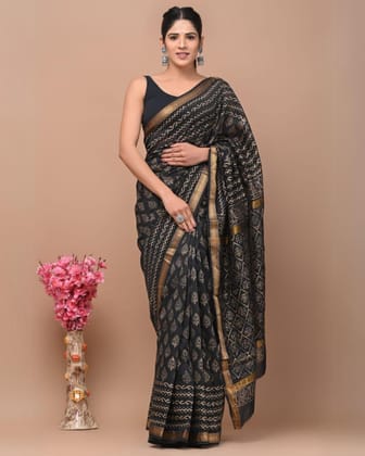 Shining Maheshwari Pure Silk Black Saree Blockprint