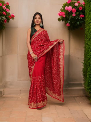 Designer Saree with Kundan & Embroidery Work by Shreekama-Red / Free Size