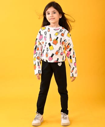 NAIL PAINT FUN LONG SLEEVES T-SHIRT AND BLACK FLEECE JOGGER SET - WHITE/BLACK-6-12 MONTHS / 2N / WHITE/BLACK