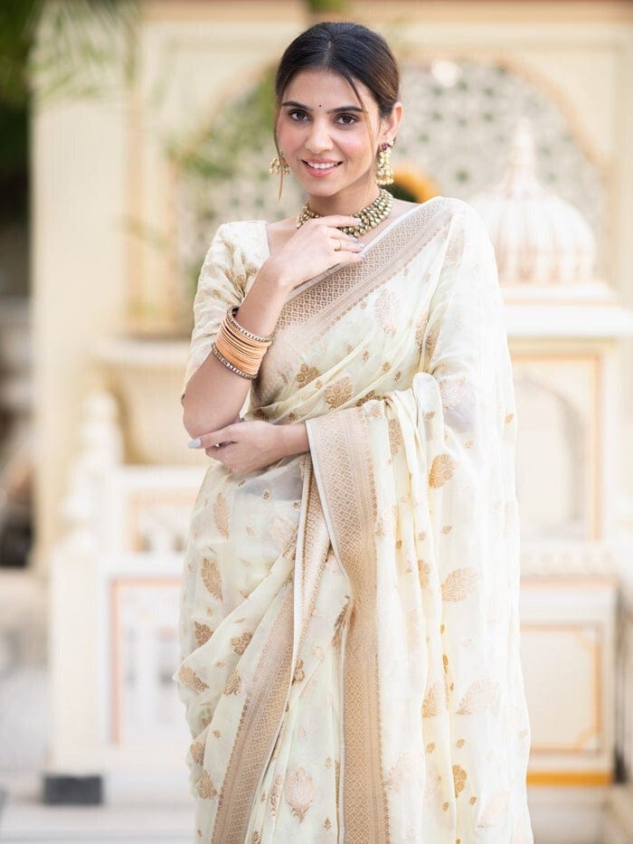 Ivory White Banarasi Khaddi Weaved Georgette Saree