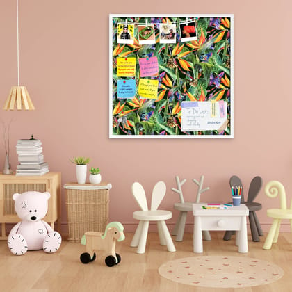 Tropical Pattern With Exotic Flowers D3 Bulletin Board Notice Pin Board Soft Board | Framed-White Frame / 12 x 12 inch (30 x 30 cms)