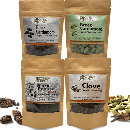 Spice Combo: Green Cardamom + Black Cardamom + Cloves + Black Pepper