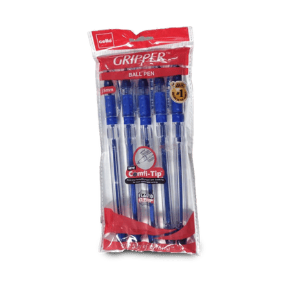 Cello Plastic Gripper-1 Stick Ballpoint Blue Pen For Writing, Pack Of 5