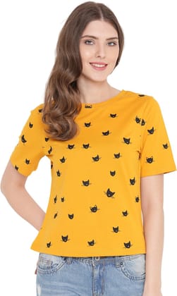 Gritstones Yellow Round Neck Printed Top